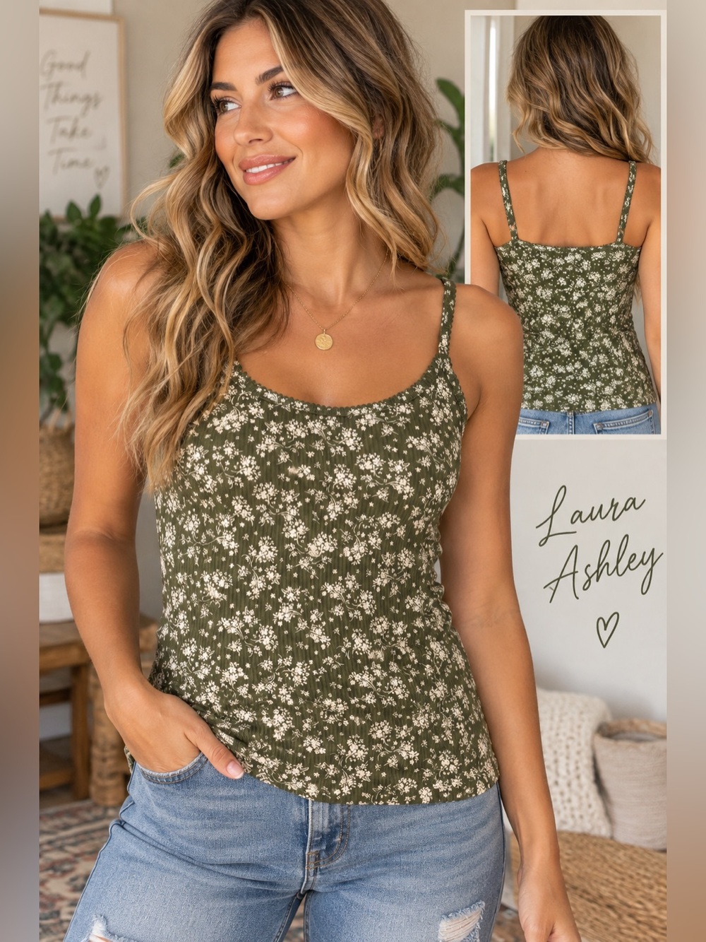 Laura Ashley Olive Green Floral Ribbed Cami Tank Top Adjustable Straps